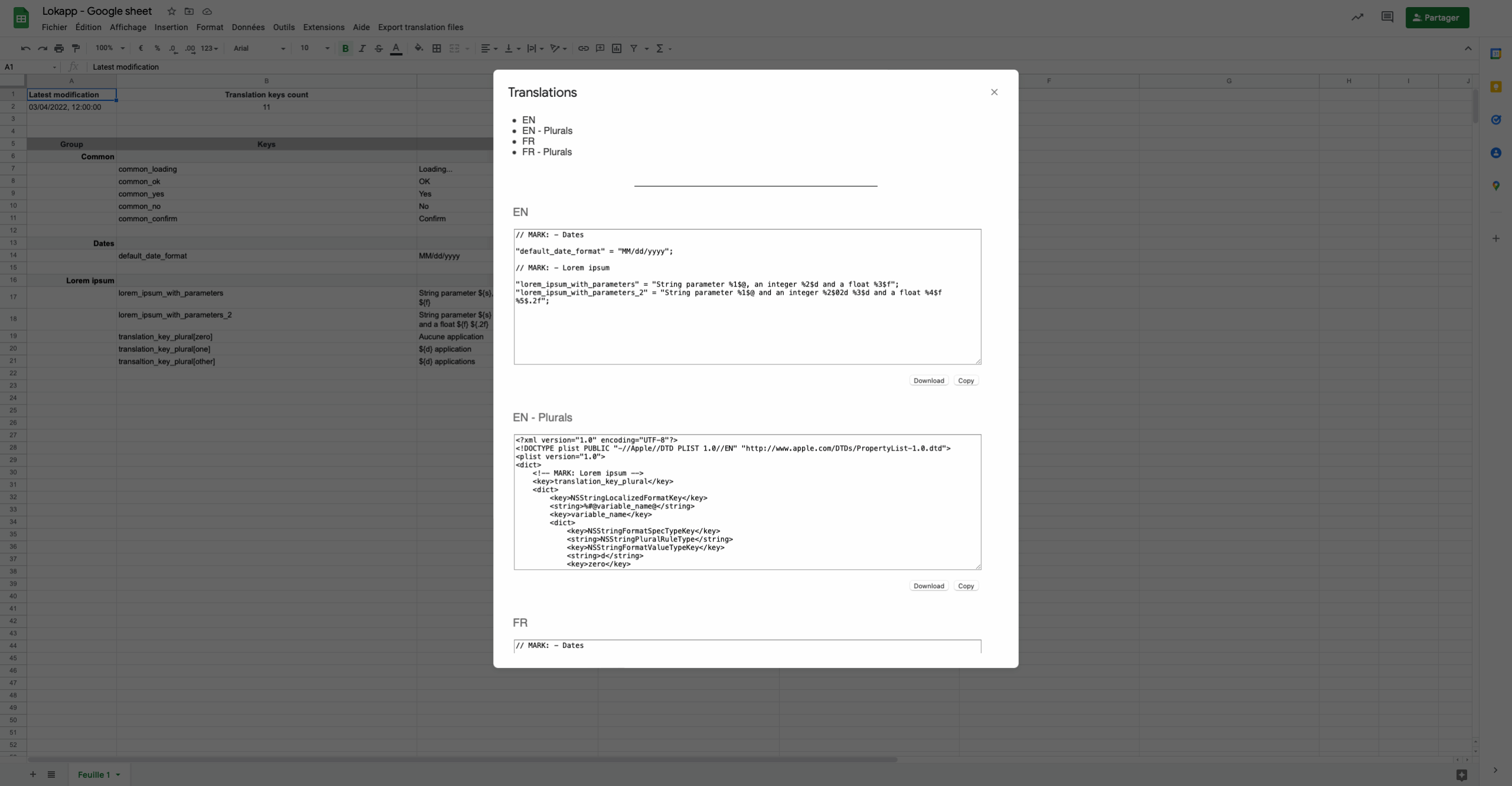 Spreadsheet exported content iOS