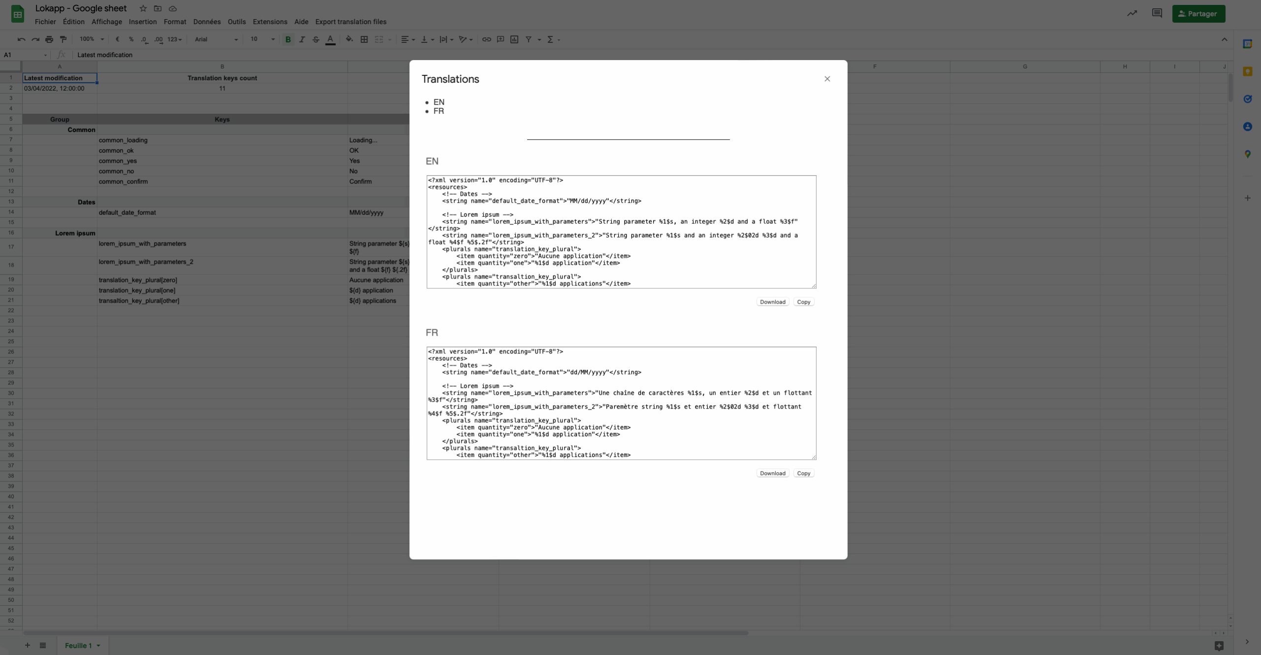 Spreadsheet exported content Android