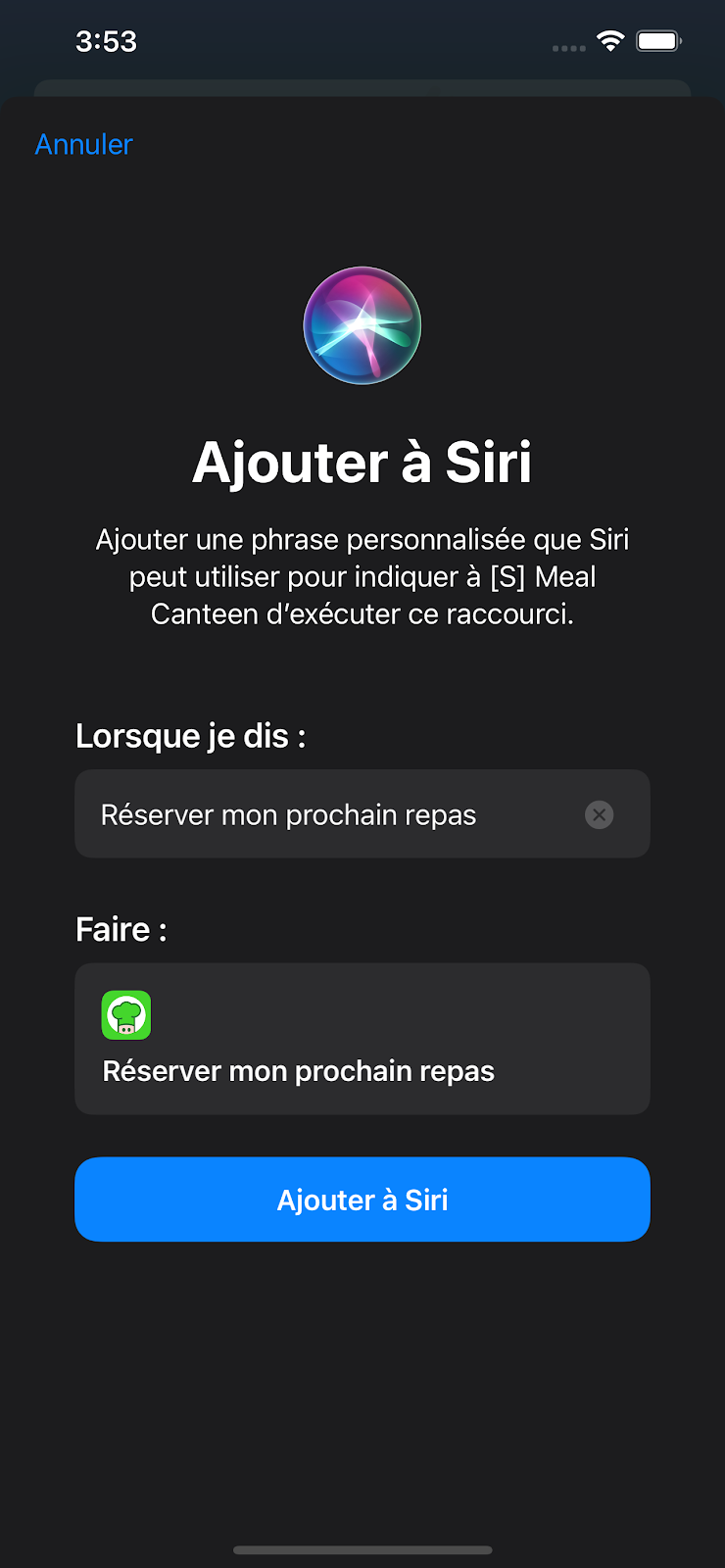 Ajout d'un raccourci Siri