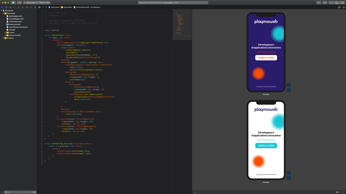 Un exemple d’interface créée en SwiftUI avec prévisualisation en light mode et en dark mode