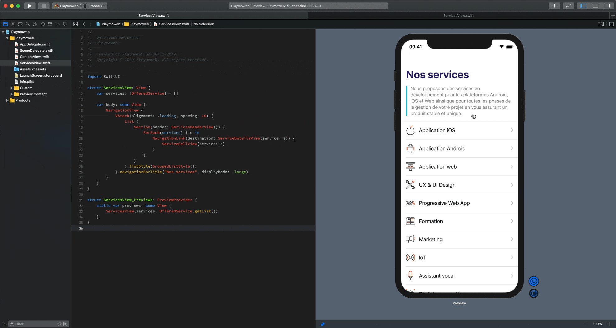 Exemple d’une liste imbriquée dans un NavigationController en SwiftUI. Le tout est écrit en beaucoup moins de lignes qu’avec UIKit